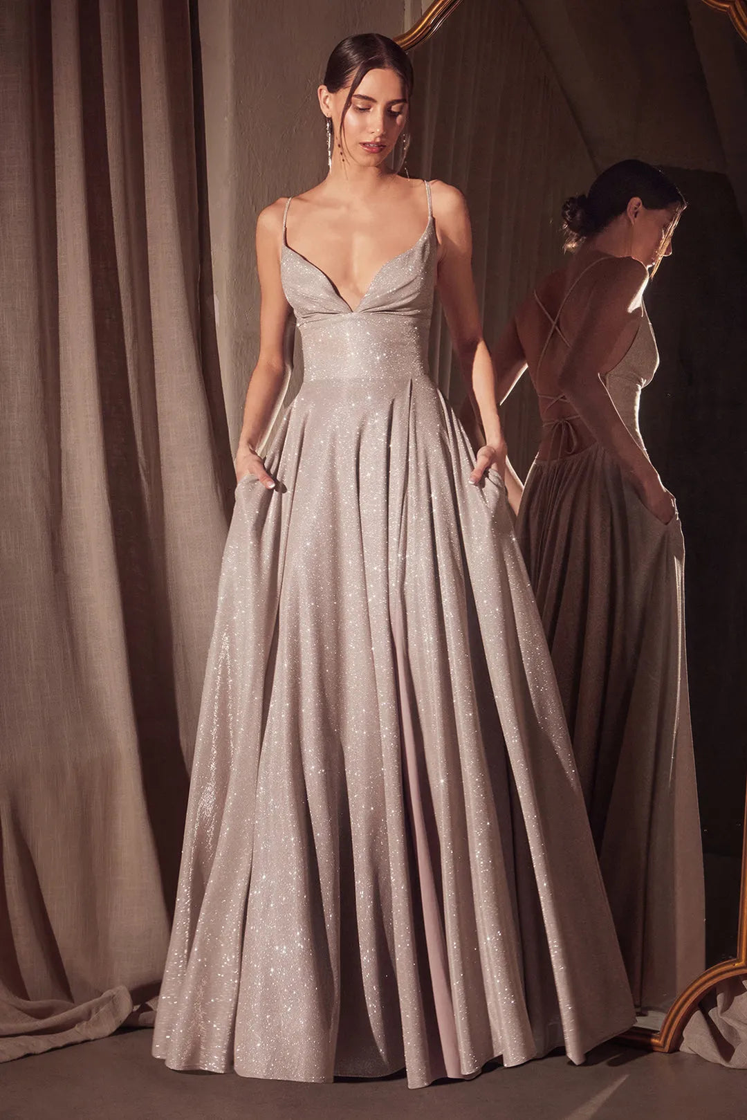 Black Glittery Prom Dress with Deep V - Neckline Thin Straps and Flowy A - Line Skirt for Formal Evening Events