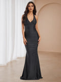 Black Halter Mermaid Prom Dress Deep V Nec Ruched Bodice for Show Stopping