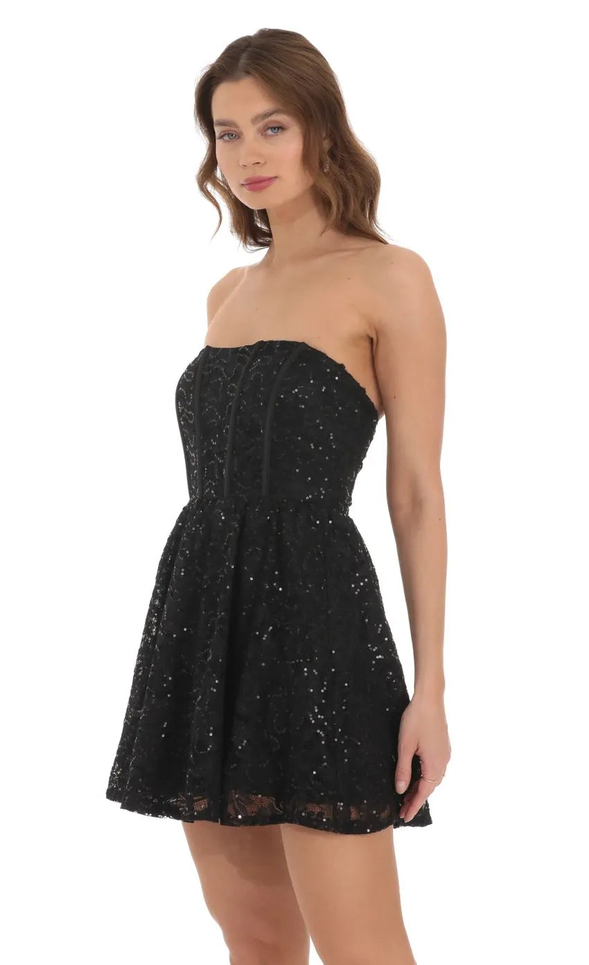Black Homecoming Gown Strapless Overlay Corset Bodice Flared Skirt for Homecoming Nights