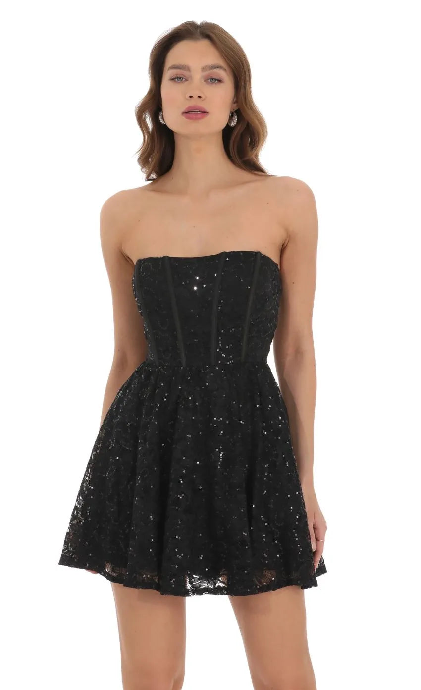 Black Homecoming Gown Strapless Overlay Corset Bodice Flared Skirt for Homecoming Nights