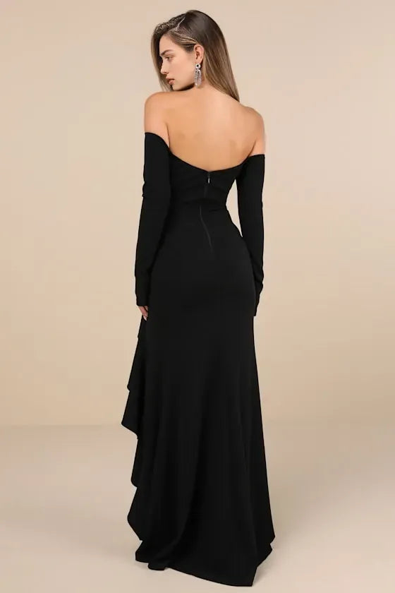 Black Off - Shoulder Evening Dress with Long Sleeves Wrap Design and Dramatic Ruffled Slit Command Attention