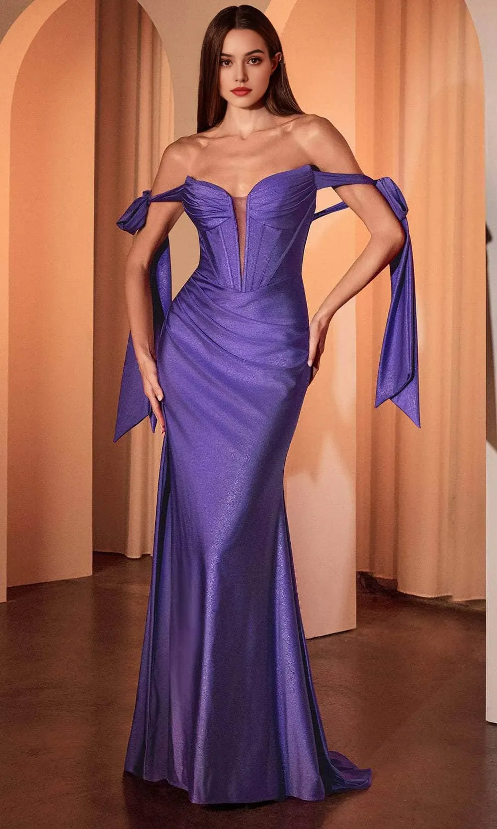 Black Off - Shoulder Evening Dress with Sheer Corset Detail Bow Tied Sleeves and High Side Slit for Formal Events