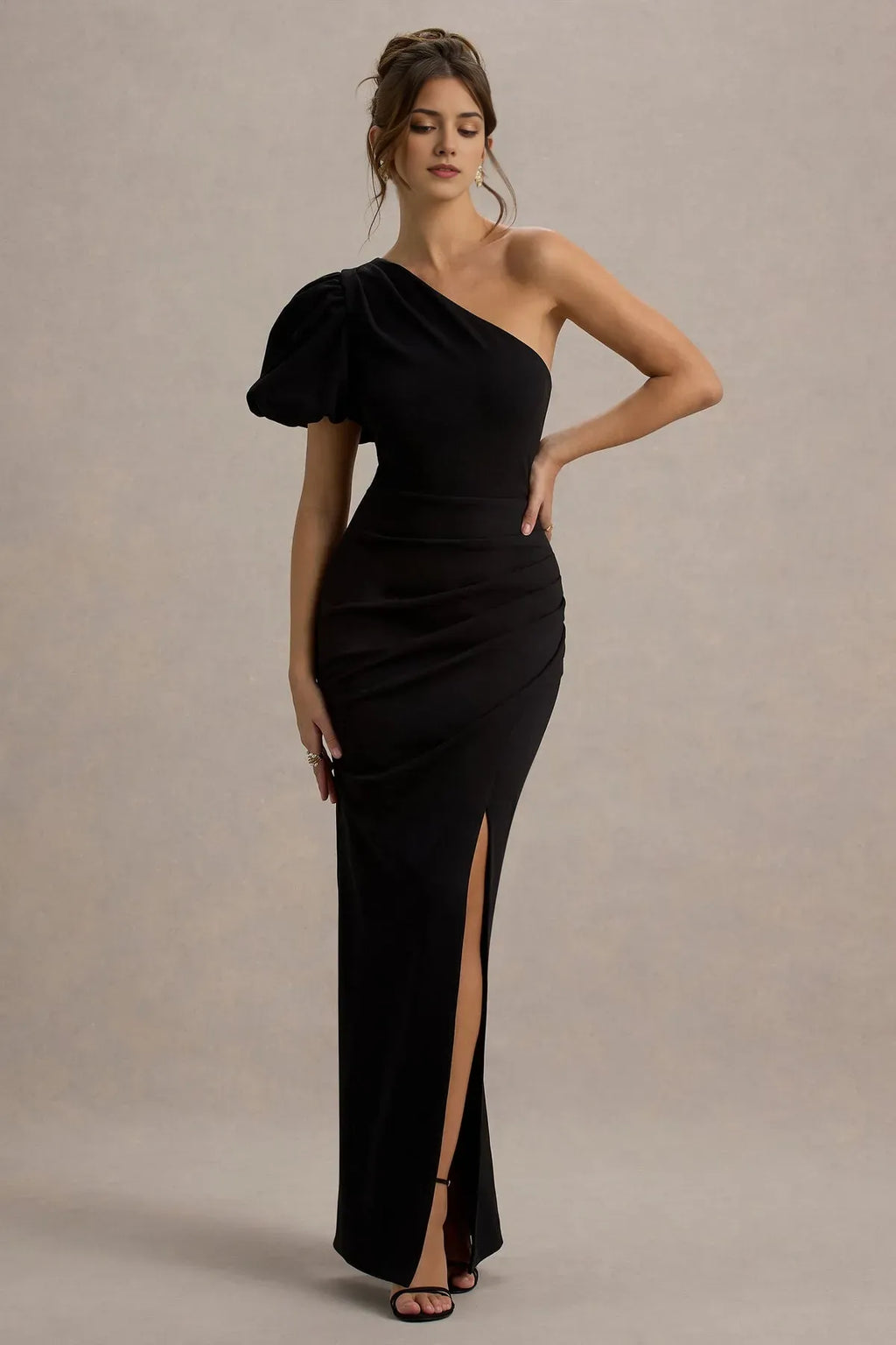 Black One - Shoulder Prom Dress with Puff Sleeve Ruched Bodycon Silhouette Side Slit Perfect for Evening Balls Formal Galas and Sophisticated Soirees
