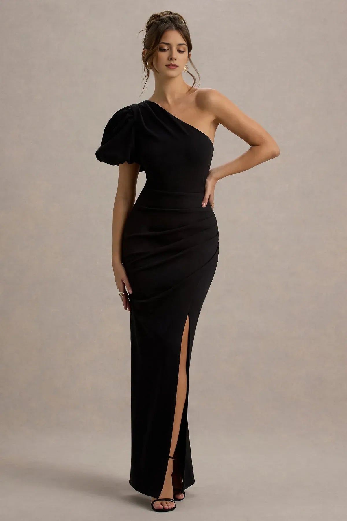 Black One - Shoulder Prom Dress with Puff Sleeve Ruched Bodycon Silhouette Side Slit Perfect for Evening Balls Formal Galas and Sophisticated Soirees