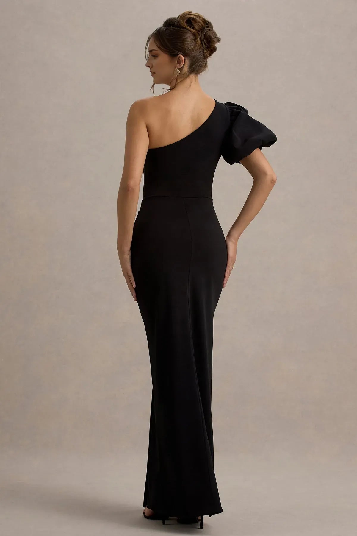 Black One - Shoulder Prom Dress with Puff Sleeve Ruched Bodycon Silhouette Side Slit Perfect for Evening Balls Formal Galas and Sophisticated Soirees