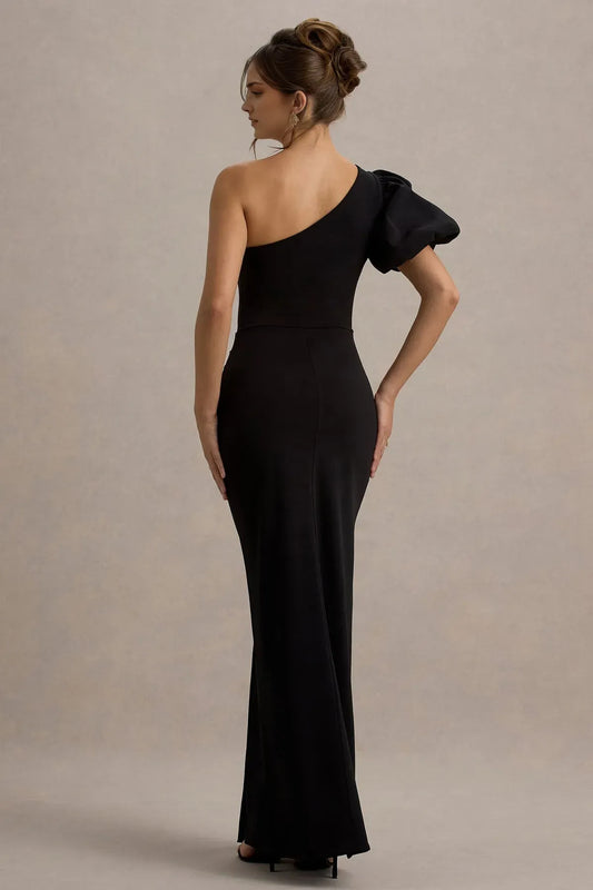Glamorous Black Slit Bodycon One-Shoulder Classic-Sleeve Classic-Back Floor-Length Prom Dress