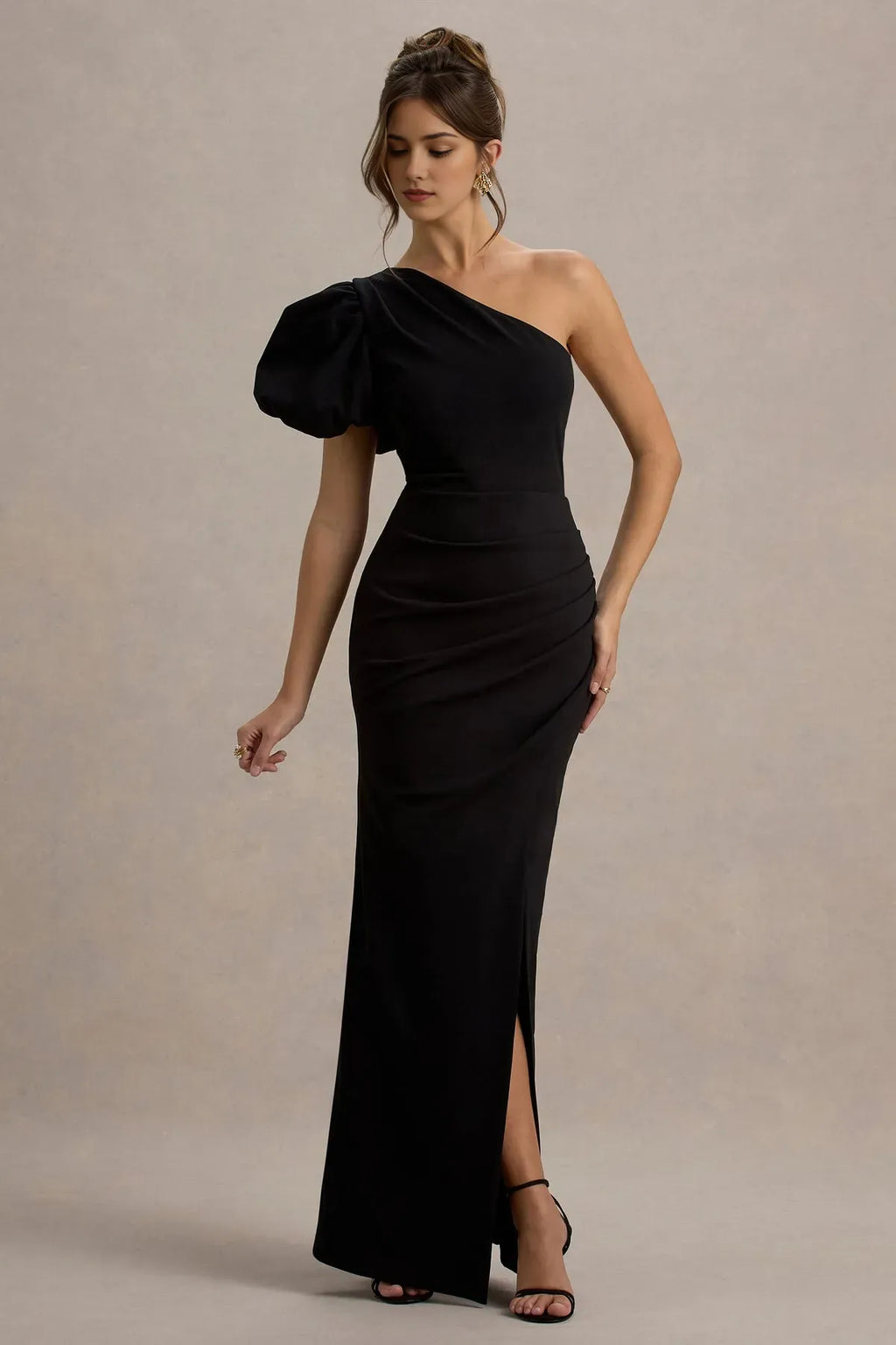 Black One - Shoulder Prom Dress with Puff Sleeve Ruched Bodycon Silhouette Side Slit Perfect for Evening Balls Formal Galas and Sophisticated Soirees