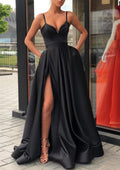 Black Prom Dresses with Deep V Neck Spaghetti Straps and Side Slit Perfect for Formal Events