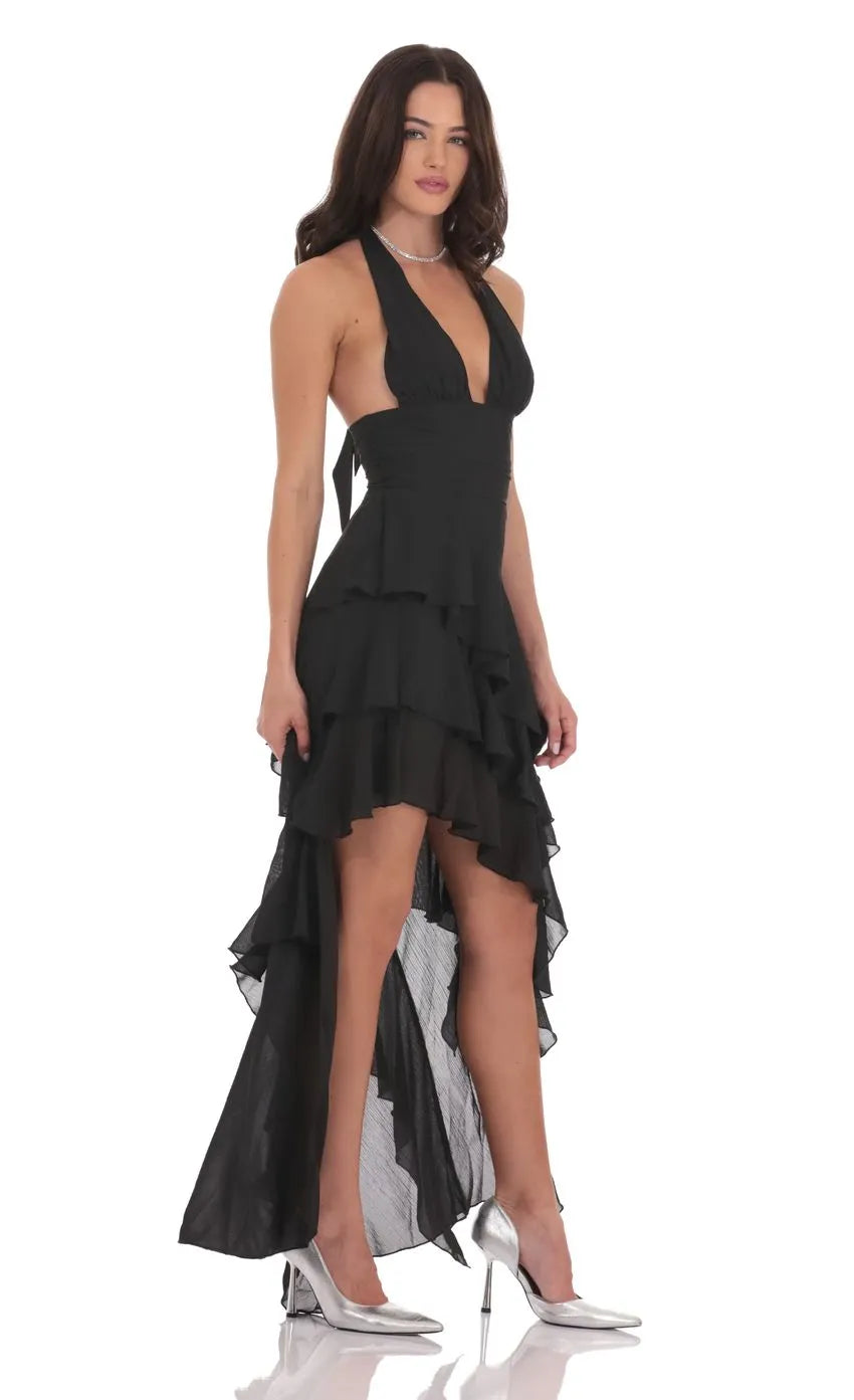 Black Prom Gown with Halter Neck Plunging V Line Ruched Midsection and Tiered High Low Ruffled Skirt