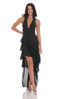 Black Prom Gown with Halter Neck Plunging V Line Ruched Midsection and Tiered High Low Ruffled Skirt