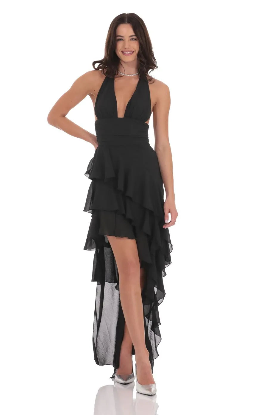 Black Prom Gown with Halter Neck Plunging V Line Ruched Midsection and Tiered High Low Ruffled Skirt