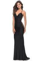Black Evening Dresses with Spaghetti Straps Deep V Neckline and Side Lattice Cutouts