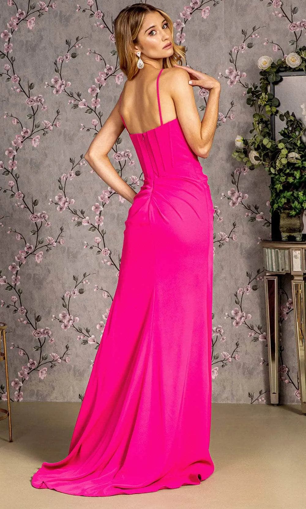 Black Evening Dress with Spaghetti Straps Bow Accent Corset Style Bodice and High Side Slit for Formal Occasions