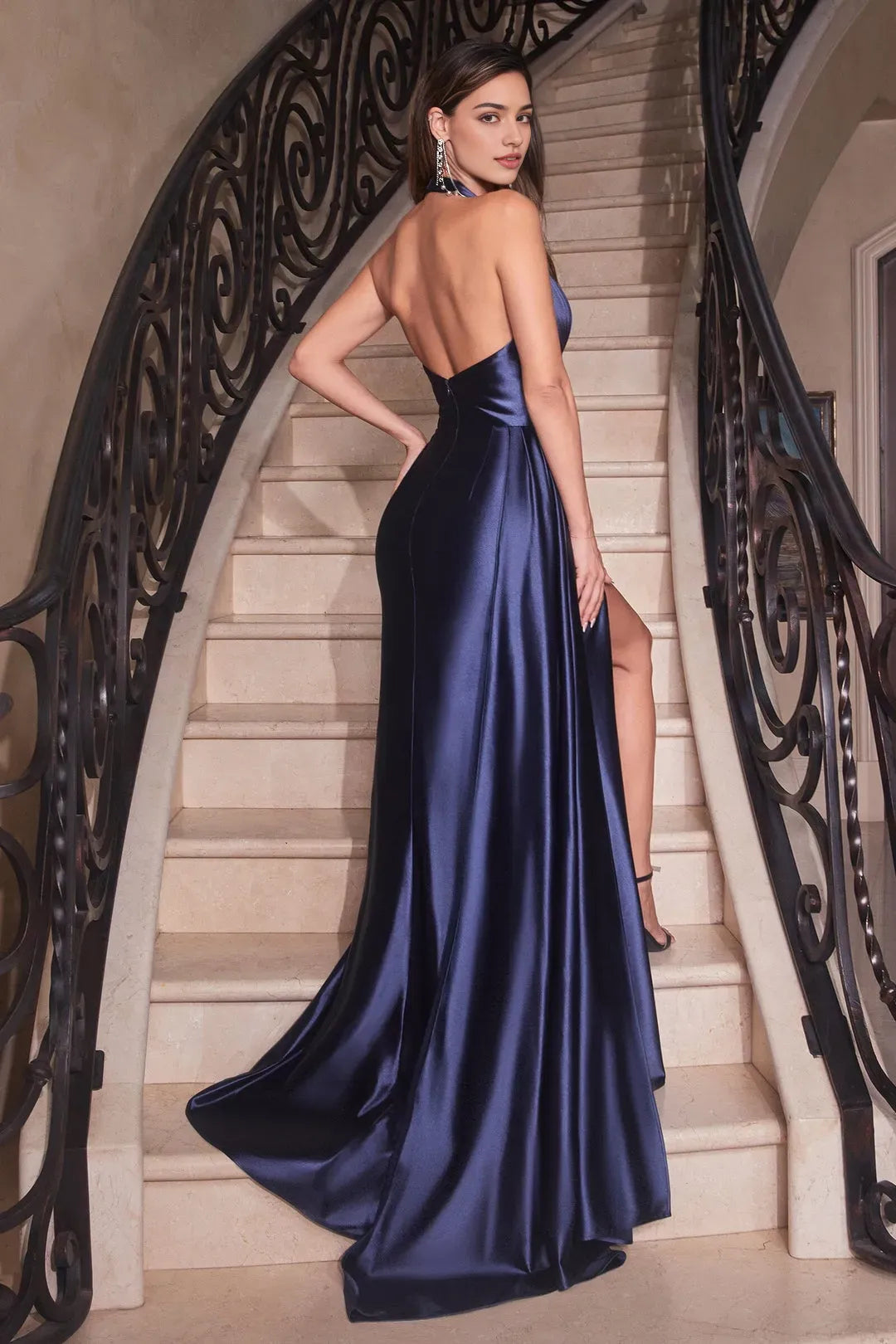 Black Halter - Neck Prom Dress with Draped Accent and High Slit
