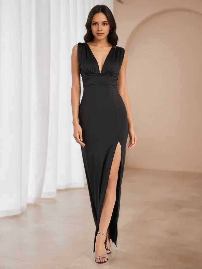 Black Prom Dress Plunge V - Neckline Sleeveless Fit Sculpted Design to Elevate Gala Style