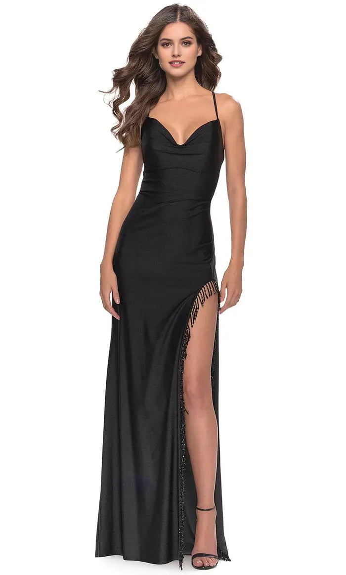 Black Prom Dress with Sparkling Fringe Slit and Spaghetti Straps