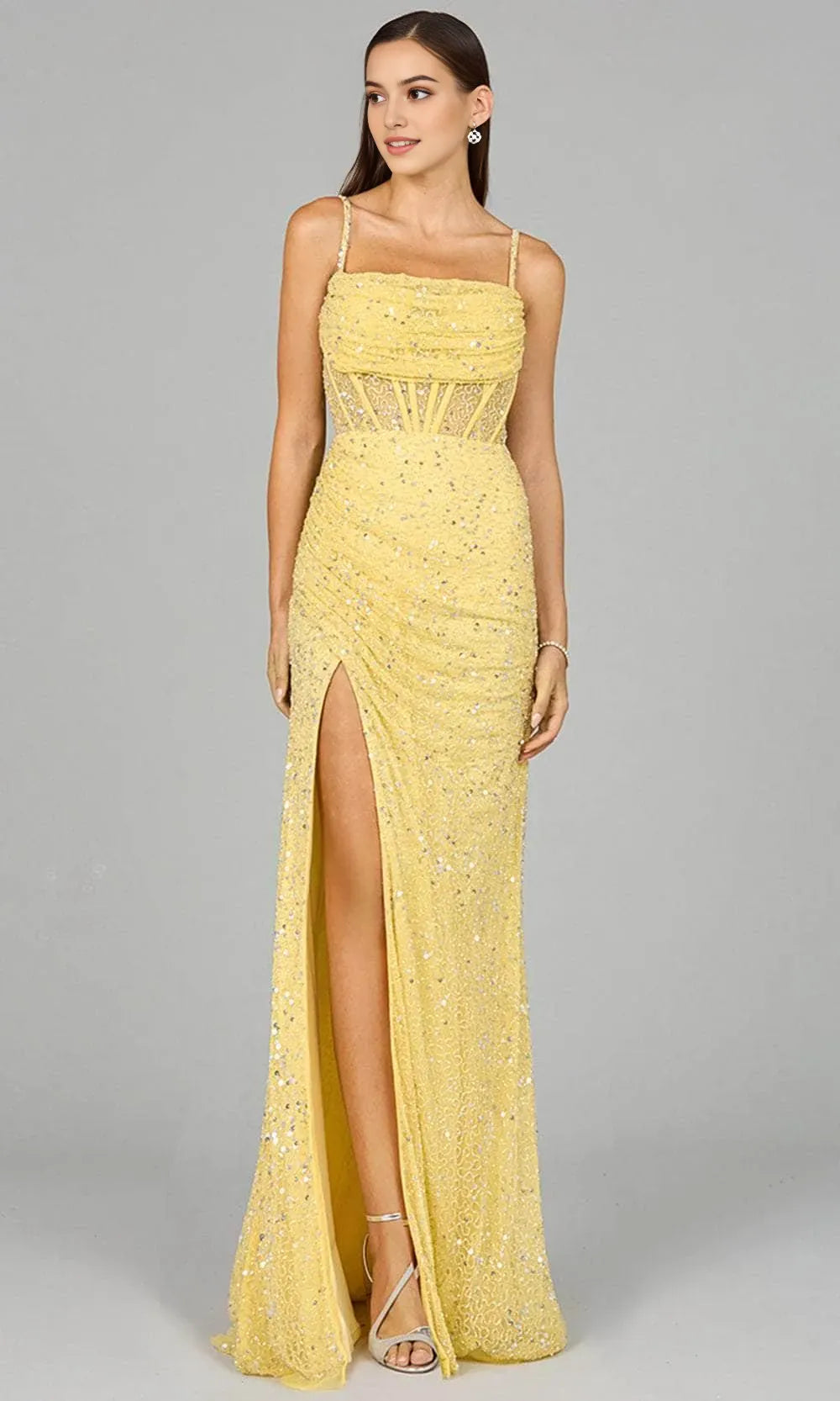 Black Evening Gown with Spaghetti Straps Sheer Waist Detailing and High Side Slit Perfect for Formal Occasions Proms and Galas