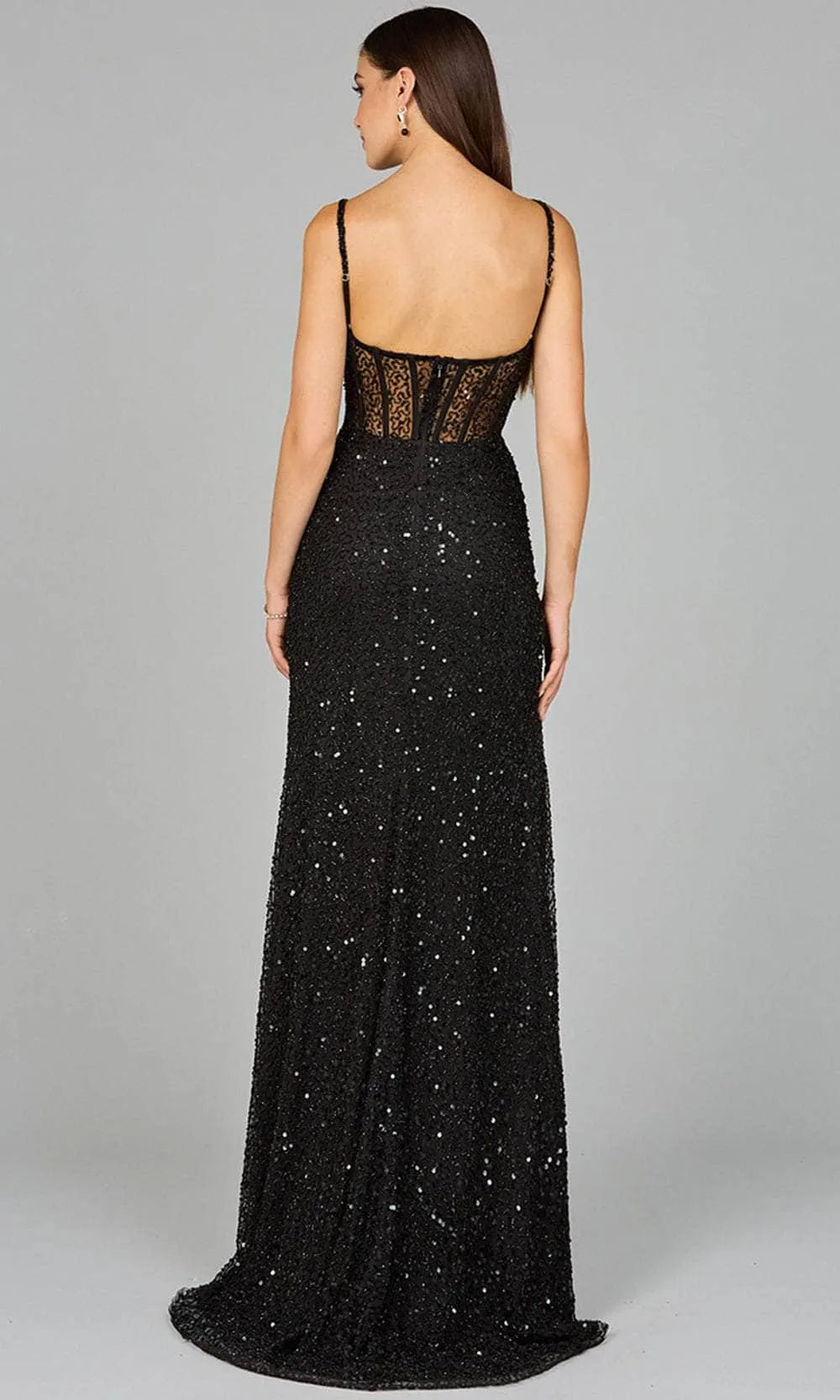 Black Evening Gown with Spaghetti Straps Sheer Waist Detailing and High Side Slit Perfect for Formal Occasions Proms and Galas
