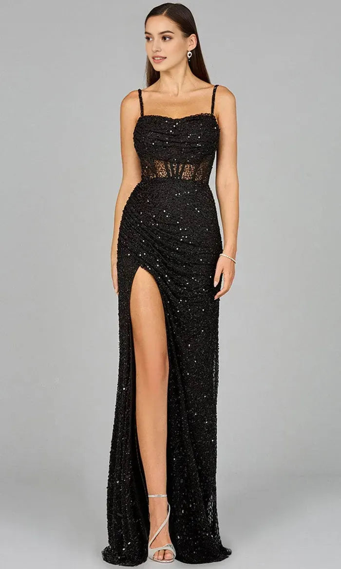 Black Evening Gown with Spaghetti Straps Sheer Waist Detailing and High Side Slit Perfect for Formal Occasions Proms and Galas
