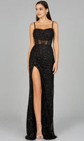 Black Evening Gown with Spaghetti Straps Sheer Waist Detailing and High Side Slit Perfect for Formal Occasions Proms and Galas
