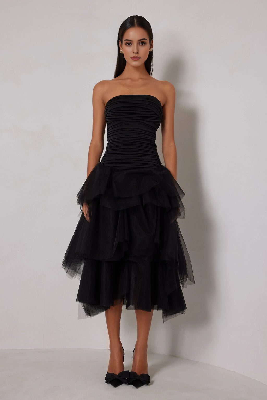 Black Sheath Strapless Ruched Sleeveless Back Back Zip High-Low Prom Dresses