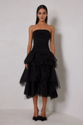 Black Sheath Strapless Ruched Sleeveless Back Back Zip High-Low Prom Dresses