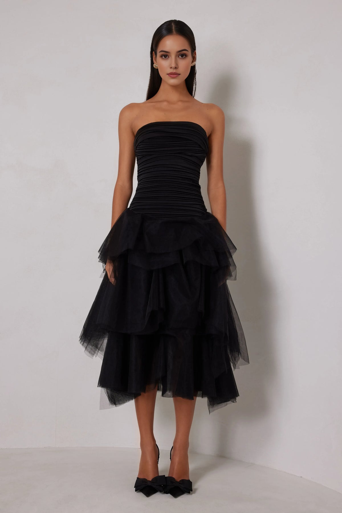 Black Sheath Strapless Ruched Sleeveless Back Back Zip High-Low Prom Dresses