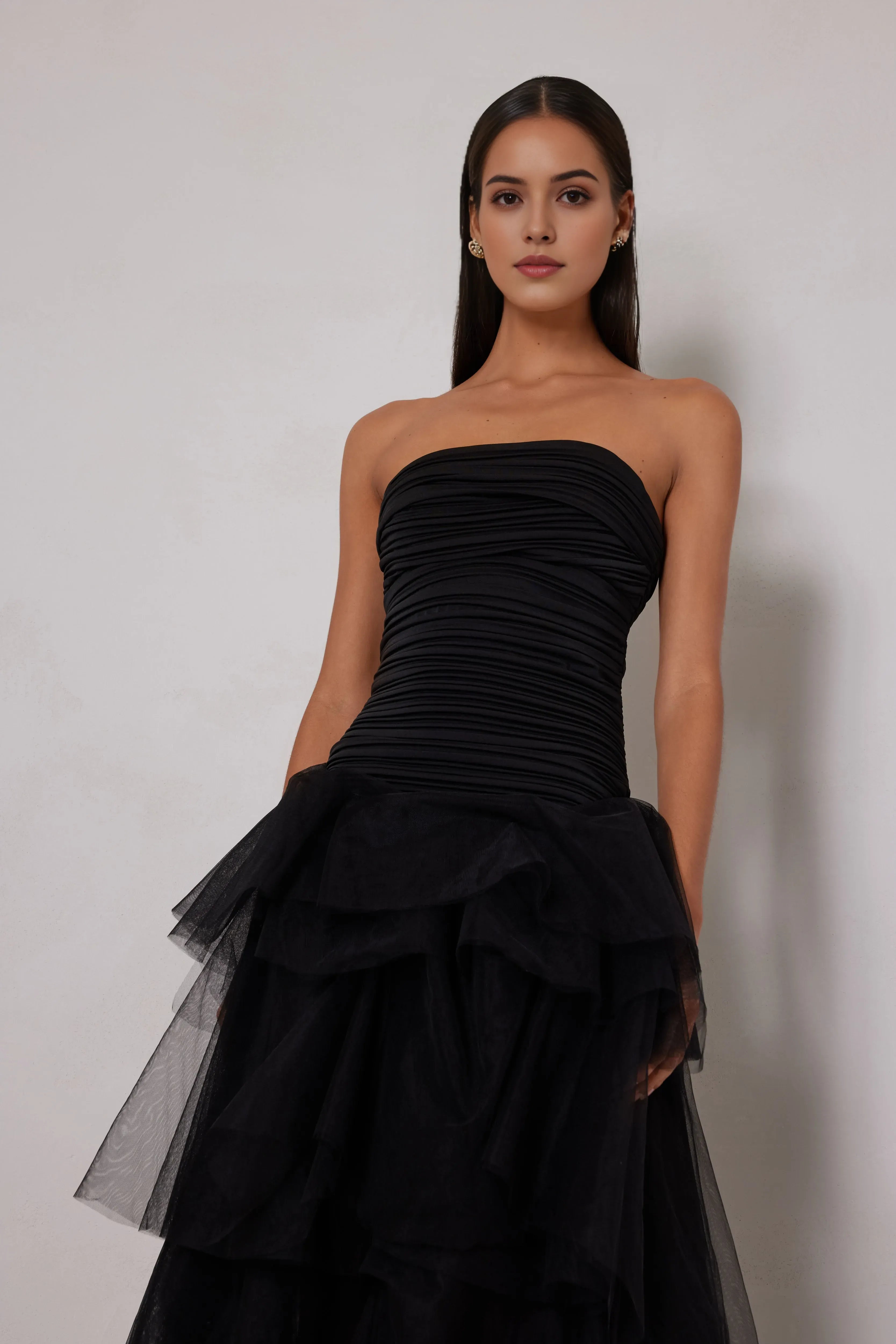 Black Sheath Strapless Ruched Sleeveless Back Back Zip High-Low Prom Dresses