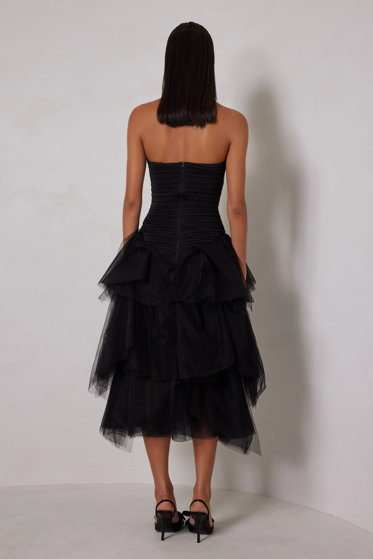 Black Sheath Strapless Ruched Sleeveless Back Back Zip High-Low Prom Dresses