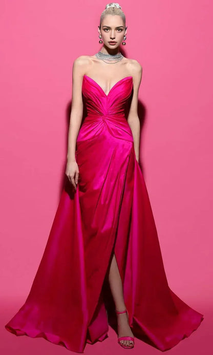Glamorous Black Slit A-Line Strapless Classic-Sleeve Classic-Back Floor-Length Evening Dress