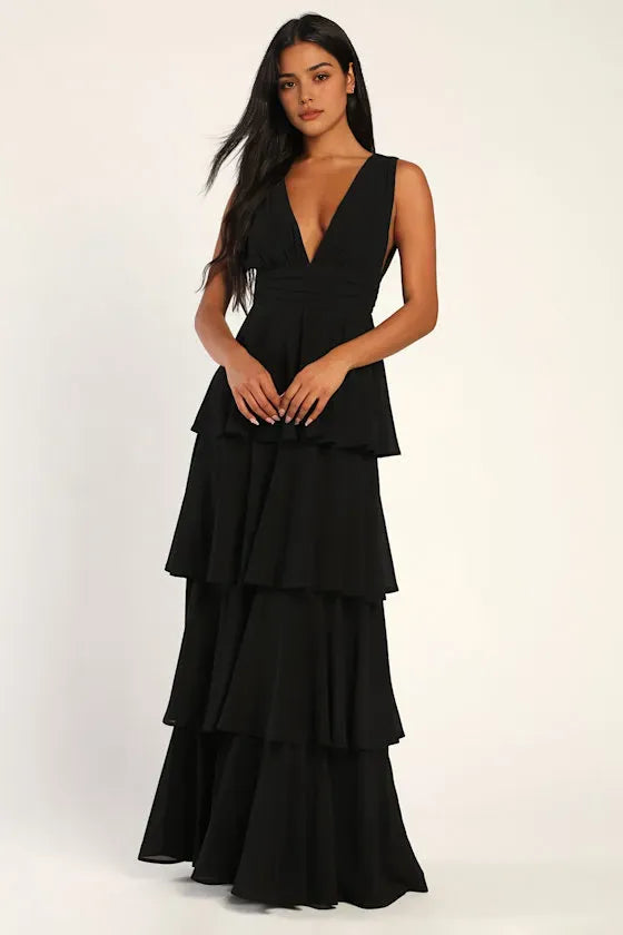 Black Tiered Evening Dresses with Plunging V Neckline and Sleeveless Design Perfect for Formal Galas and Night Time