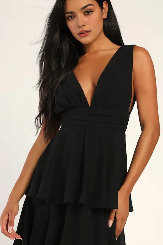 Black Tiered Evening Dresses with Plunging V Neckline and Sleeveless Design Perfect for Formal Galas and Night Time