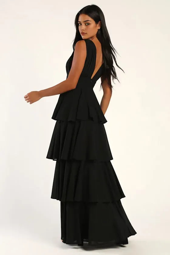 Black Tiered Evening Dresses with Plunging V Neckline and Sleeveless Design Perfect for Formal Galas and Night Time