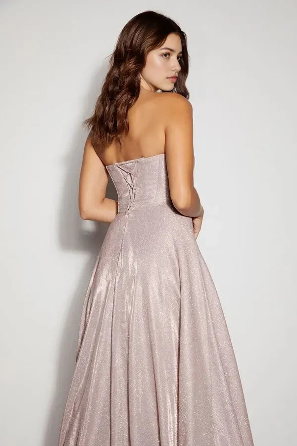 Blush Glitter Strapless Prom Dress with Sweetheart Neckline and Flowy A - Line Skirt for Formal Occasions