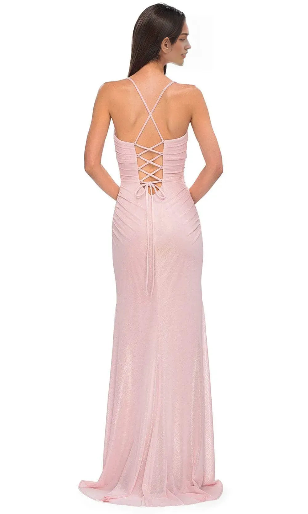 Blush Pink Mermaid Gown Ruched Bodice Spaghetti Straps Side Slit Ideal for Prom Nights