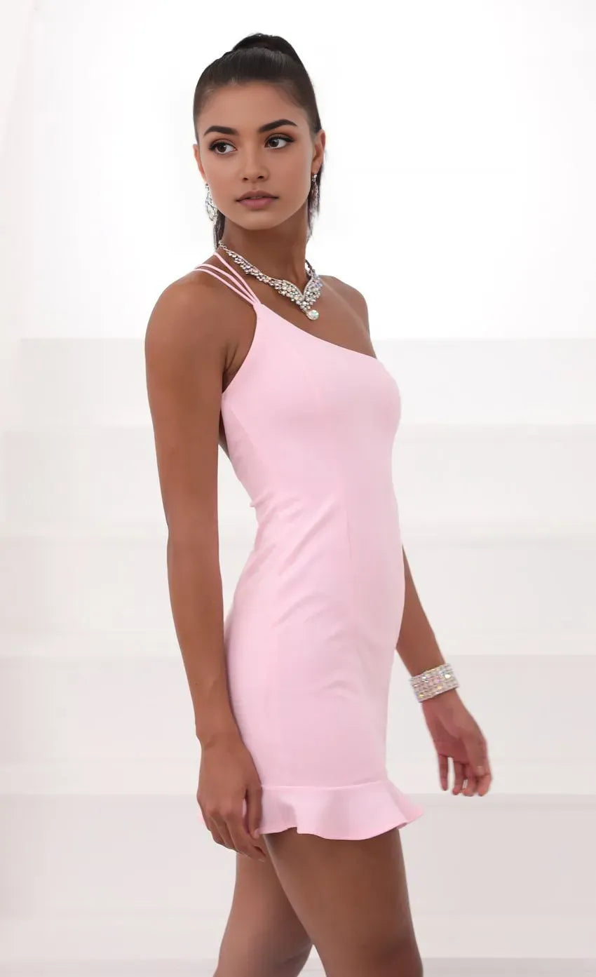 Blush Pink One - Shoulder Dress Double Spaghetti Straps Bodycon Silhouette and Ruffled Hem for Unforgettable Homecoming Nights