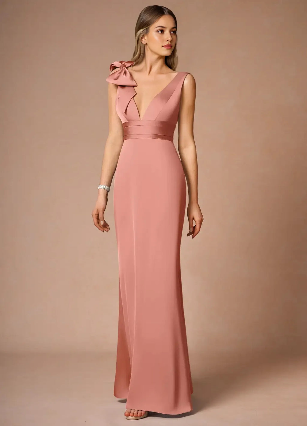 Blush Pink Prom Dresses Deep V - Neck One - Shoulder Bow Detail and Figure - Hugging Fit for Memorable Evenings