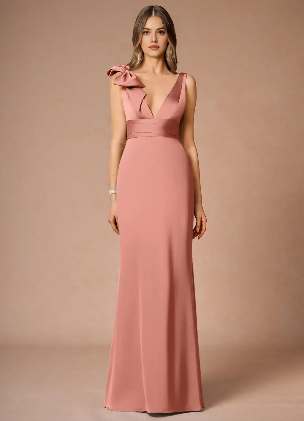 Blush Pink Prom Dresses Deep V - Neck One - Shoulder Bow Detail and Figure - Hugging Fit for Memorable Evenings