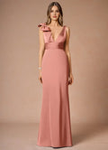 Blush Pink Prom Dresses Deep V - Neck One - Shoulder Bow Detail and Figure - Hugging Fit for Memorable Evenings