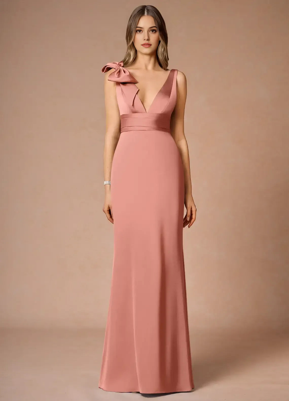 Blush Pink Prom Dresses Deep V - Neck One - Shoulder Bow Detail and Figure - Hugging Fit for Memorable Evenings