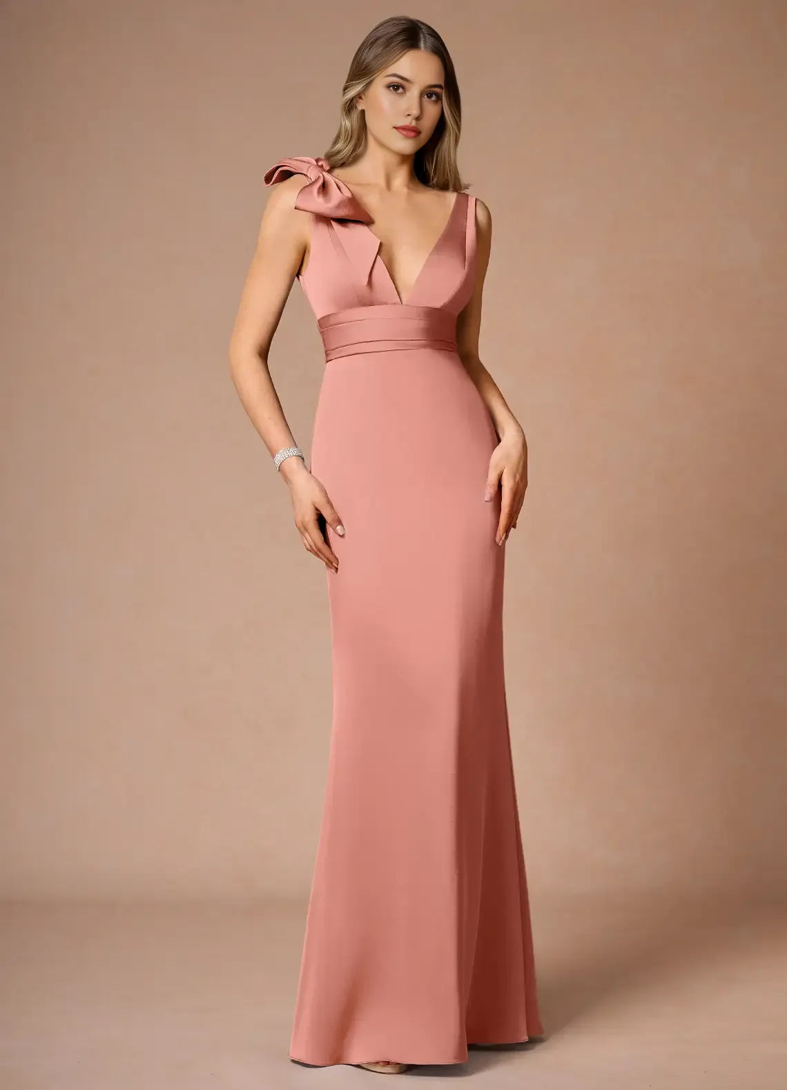 Blush Pink Prom Dresses Deep V - Neck One - Shoulder Bow Detail and Figure - Hugging Fit for Memorable Evenings