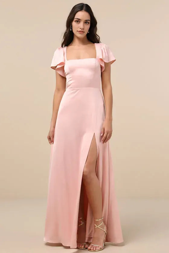 Blush Pink Prom Dresses Ruffled Flutter Sleeves Square Neckline Side Slit Fabric for Prom Night Sophistication