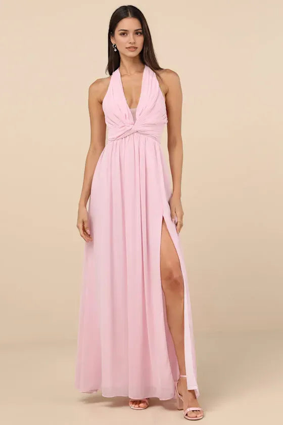 Blush Pink Prom Dresses featuring Halter Neckline Twist Front Detail Flowy Skirt and High Slit Design Perfect for Prom Nights