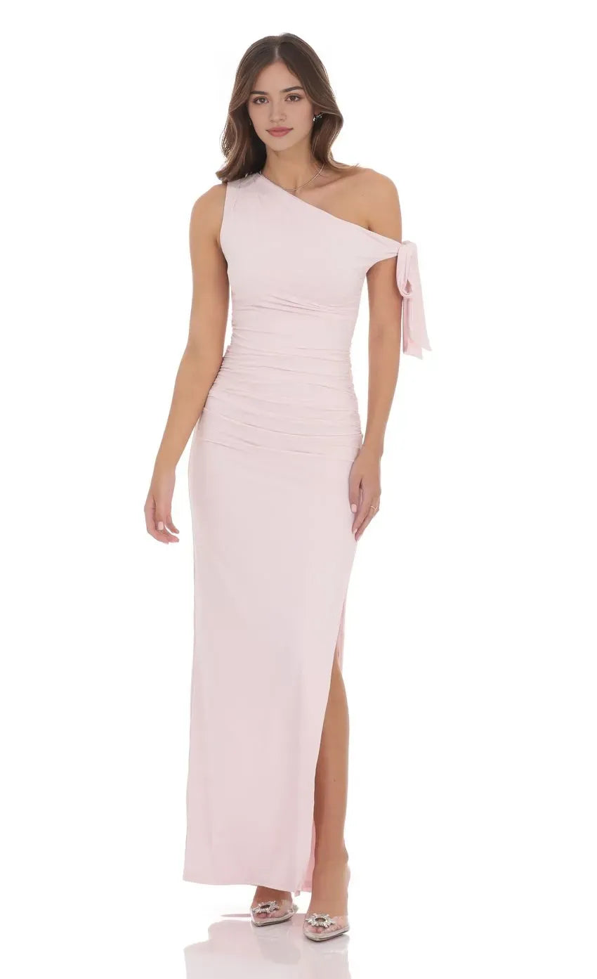 Blush Pink Prom Gown with Asymmetric One - Shoulder Ruched Detailing and Bow Tied Sleeve Perfect for Formal Galas