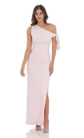 Blush Pink Prom Gown with Asymmetric One - Shoulder Ruched Detailing and Bow Tied Sleeve Perfect for Formal Galas