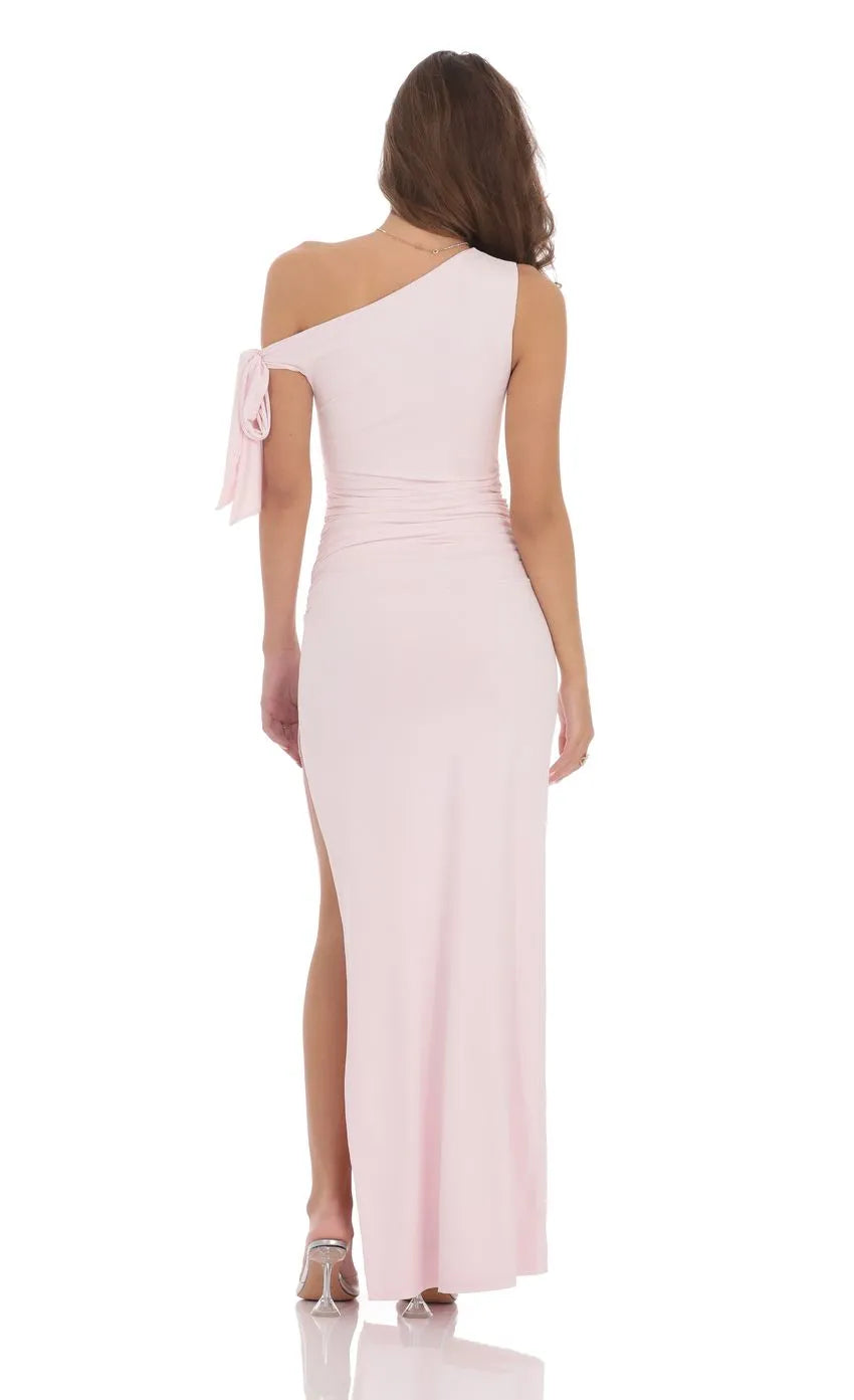 Blush Pink Prom Gown with Asymmetric One - Shoulder Ruched Detailing and Bow Tied Sleeve Perfect for Formal Galas