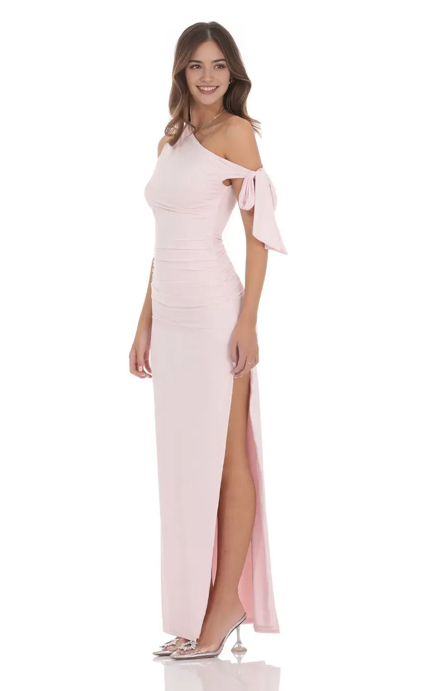 Blush Pink Prom Gown with Asymmetric One - Shoulder Ruched Detailing and Bow Tied Sleeve Perfect for Formal Galas