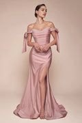 Blush Pink Off - Shoulder Prom Dress with Bow Accents and Side Slit