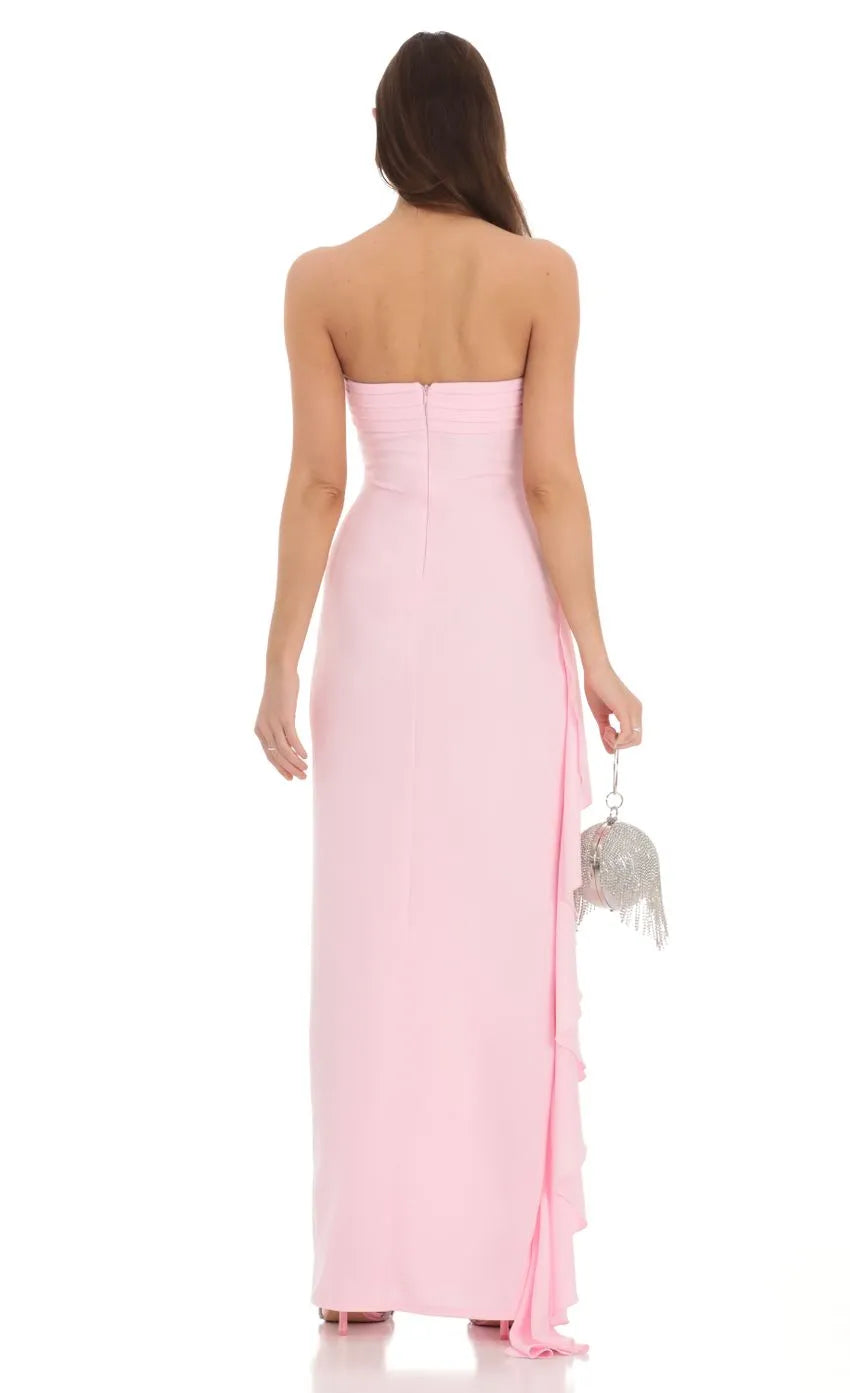 Blush Pink Strapless Prom Dresses Ruched Detailing High Slit Design Column Fit Modern Elegance for Unforgettable Nights