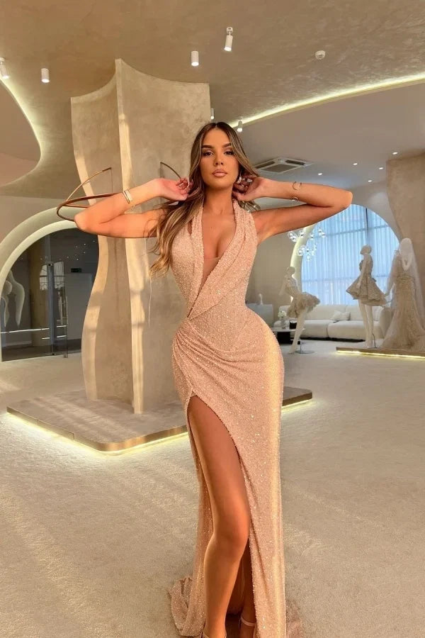 Bodycon Halter Champagne Maxi Evening Dress